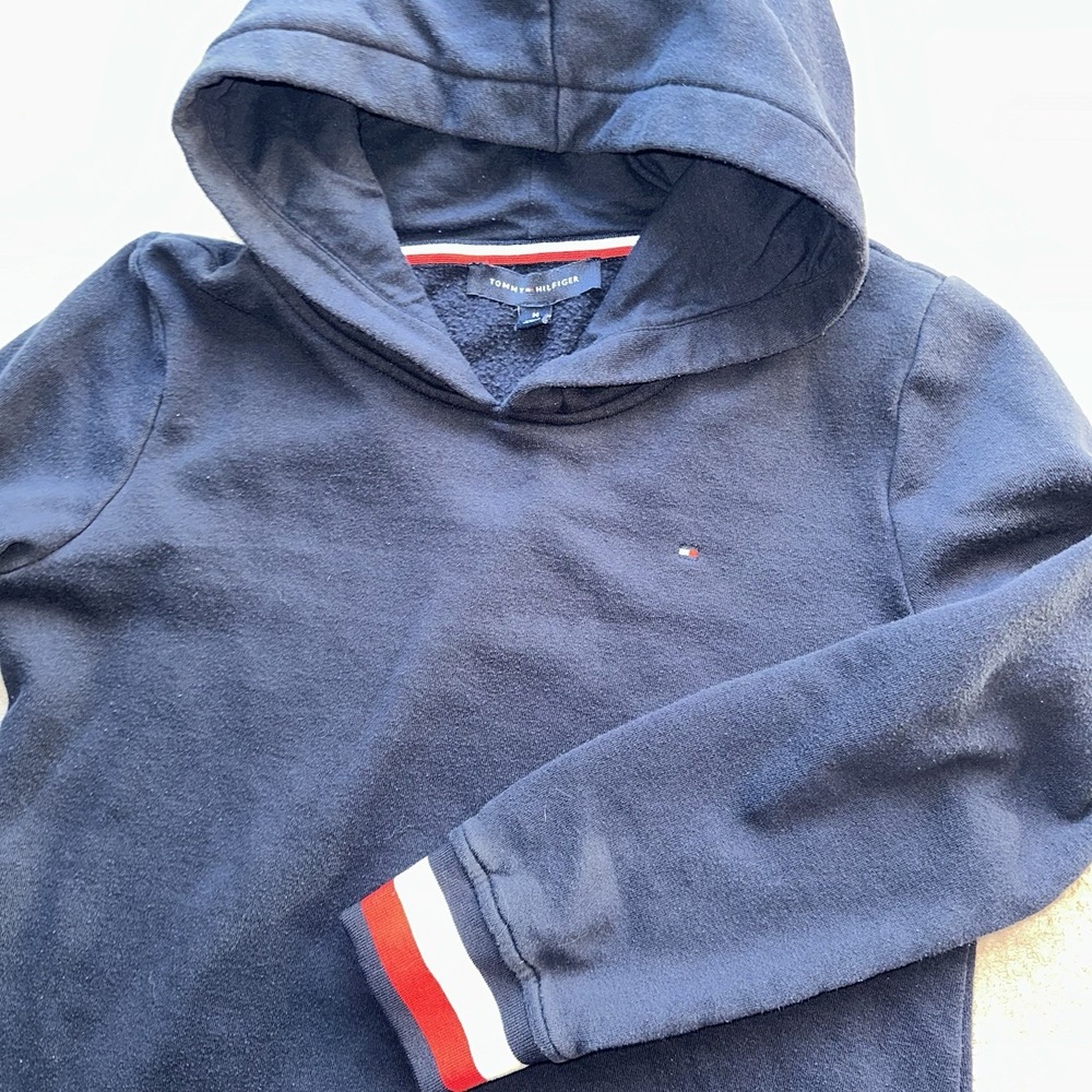 Tommy Hilfiger Hoodie Pullover Cotton Blend Navy Blue Stripe Trim Men's M Top
